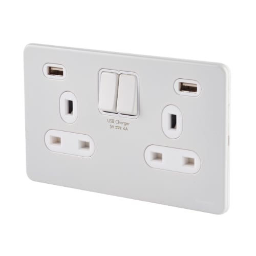 Schneider GGBGU3424DWPW 2g 13a Switched Socket + 2 x USB in Painted White with white inserts