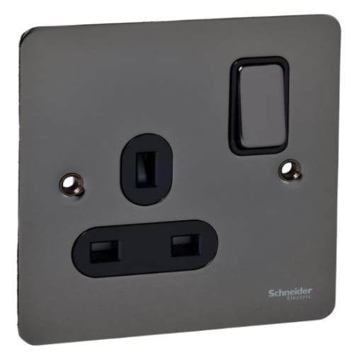 Schneider GU3210BBN 1g 13a Switch Socket, Black Insert Black Nickel