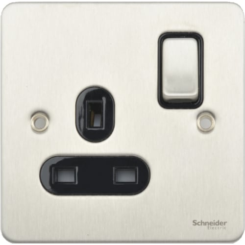 Schneider GU3210BSS 1g 13a Switch Socket Blk Inserts with Stain. Steel