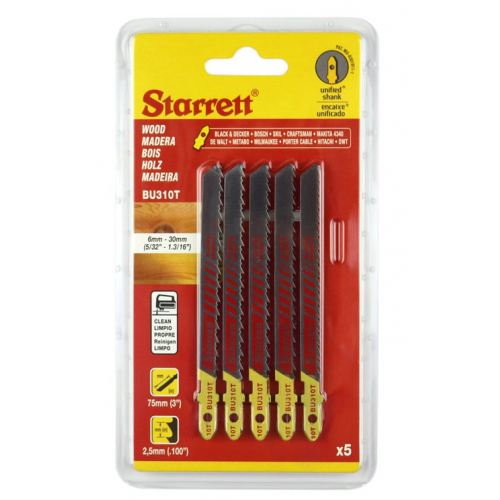 Starrett BU310T-5 75mm Wood Cutting Jigsaw Blade 10TPI Pack of  5