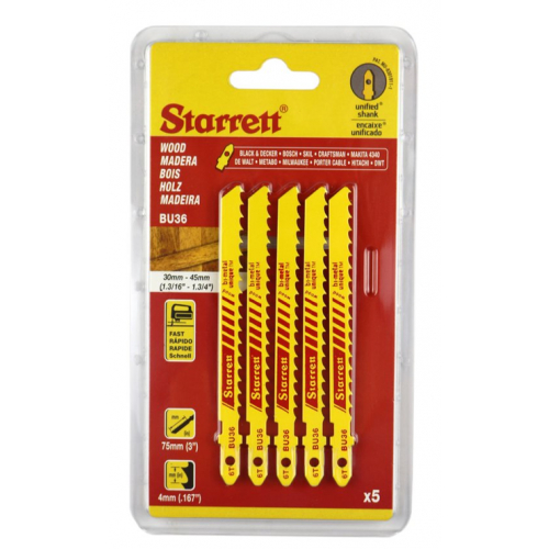 Starrett BU36-5 75mm Wood Cutting Jigsaw Blade 6TPI Pack of 5