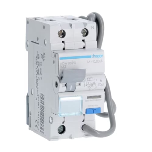 Hager ADA932U 32a B Curve  Type A 1 Pole + Switched Neutral RCBO 2 Module