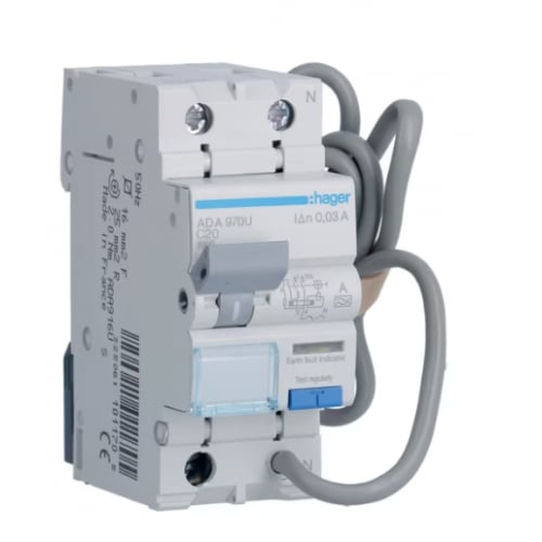 Hager ADA970U 20a C Curve  Type A 1 Pole + Switched Neutral RCBO 2 Module