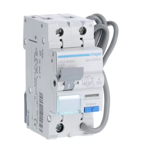 Hager ADA940U 40a B Curve  Type A 1 Pole + Switched Neutral RCBO 2 Module