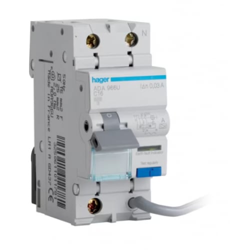 Hager ADA966U 16a C Curve  Type A 1 Pole + Switched Neutral RCBO 2 Module