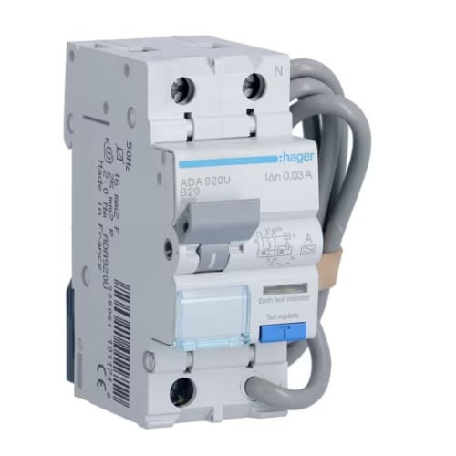 Hager ADA920U 20a B Curve  Type A 1 Pole + Switched Neutral RCBO 2 Module