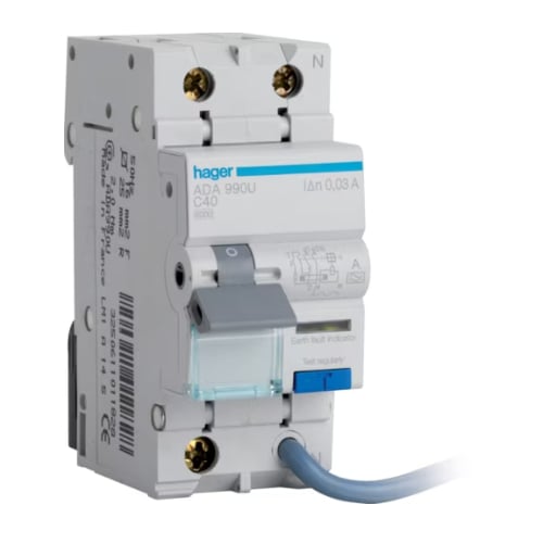 Hager ADA990U 40a C Curve  Type A 1 Pole + Switched Neutral RCBO 2 Module