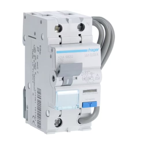 Hager ADA982U 32a C Curve  Type A 1 Pole + Switched Neutral RCBO 2 Module