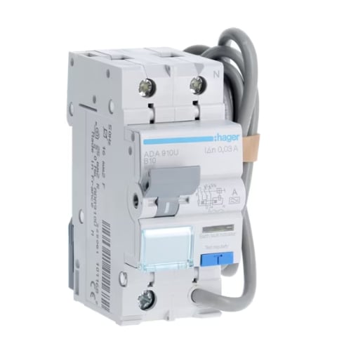 Hager ADA910U 10a B Curve  Type A 1 Pole + Switched Neutral RCBO 2 Module