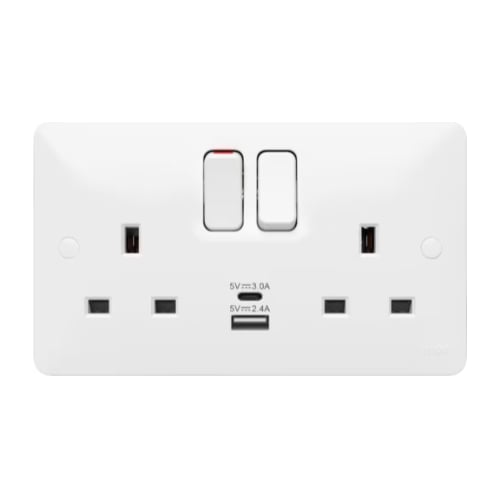 Hager WMSS82-USBAC 13a 2 gang DP Switched Socket + USB(Type A+C)